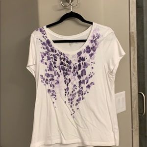 Zenergy white tee with purple splash.